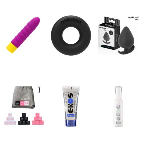 Basic sex toy kit with bullet, cock ring, plug and dice