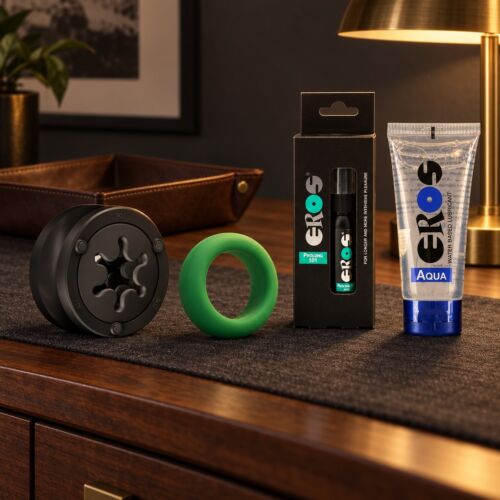 Men's kit with Fun Factory reusable masturbator, cock ring and spray – lifestyle scene (AI-generated image)