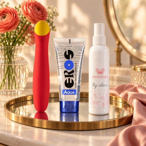 G-spot kit with ROMP Hype vibrator and lubricant – lifestyle scene (AI-generated image)