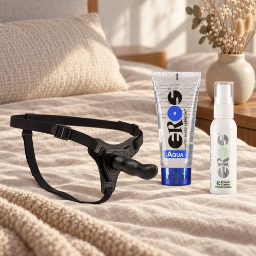 Beginner's strap-on kit with universal harness and silicone dildo – lifestyle scene (AI-generated image)