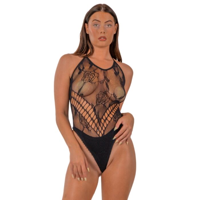 Lace by LJ Floral Halter Bodysuit Black Lace by LJ Floral Halter Bodysuit Black