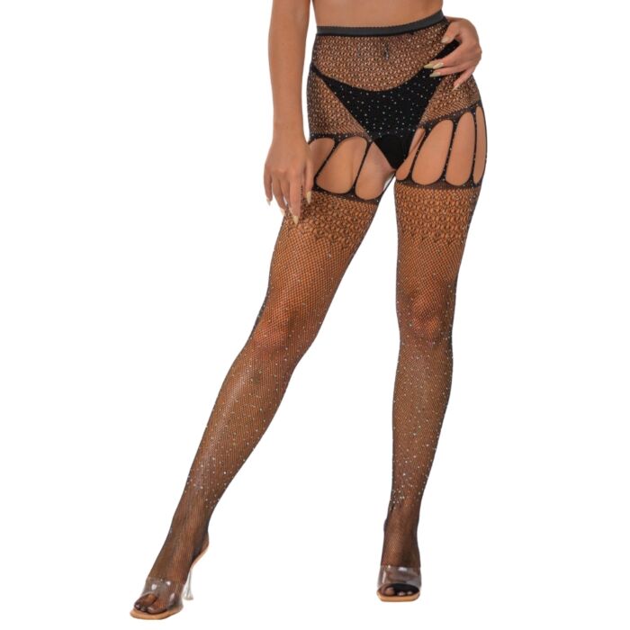 Lace by LJ Rhinestone Suspender Tights Black Lace by LJ Rhinestone Suspender Tights Black