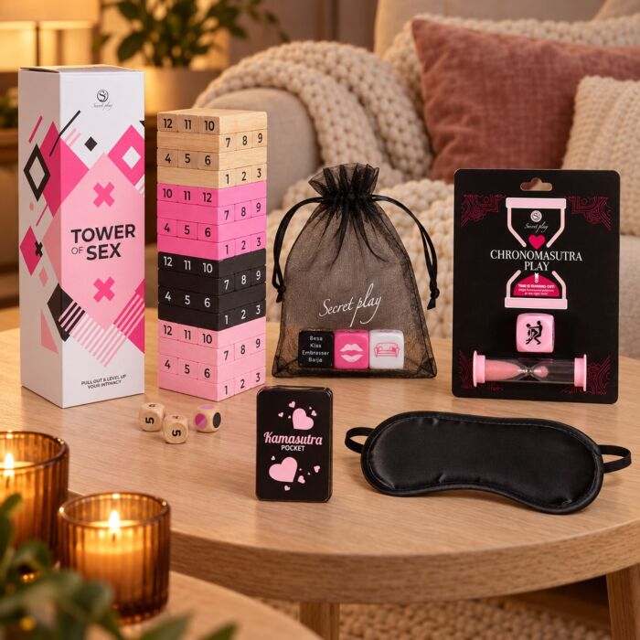 Couples' erotic games kit with tower, dice and cards – lifestyle scene (AI-generated image) Couples' erotic games kit with tower, dice and cards – lifestyle scene (AI-generated image)
