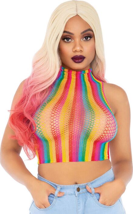 High neck fishnet crop top with print - rainbow