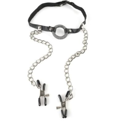 Fetish fantasy o-ring gag with nipple clamps