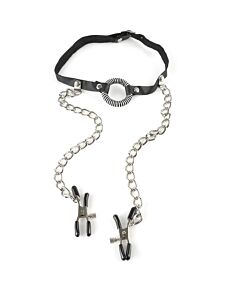 Fetish fantasy o-ring gag with nipple clamps