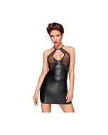 Wetlook keyhole mini dress with lace embroidery - black