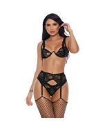 Laced with lust bra garter belt and panty black