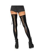 Wetlook lace up thigh highs - black
