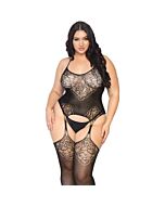 Seamless lace bodystocking with garter belt - black