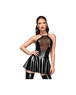 Wetlook flared mini dress with embroided cross - black