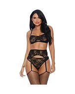 Lace me down bra garter belt and panty  black