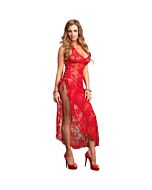 Leg avenue red rose lace long dress with lace up side and matching thong