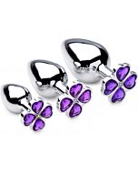 Violet flower gem anal plug set - 3 pieces - silver