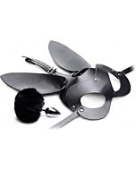Bunny tail anal plug and mask set - black