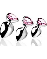 Pink heart gem anal plug set - 3 pieces - silver
