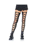 Wetlook footless lace up thigh - black