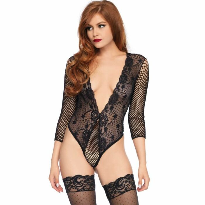 Leg avenue medium sleeve net teddy black one size