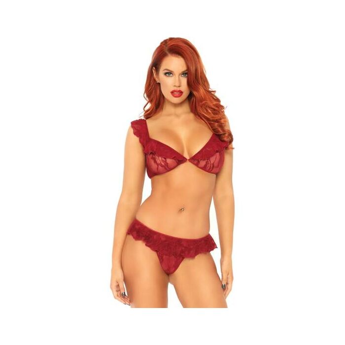 Leg avenue 2 pieces set lace bralette and ruffle thong burgundy one size