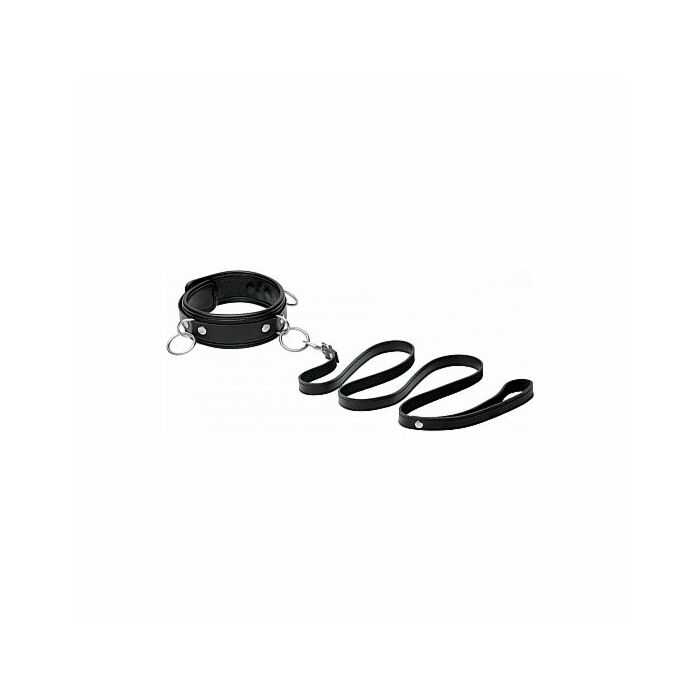3 ring leather collar with leash black