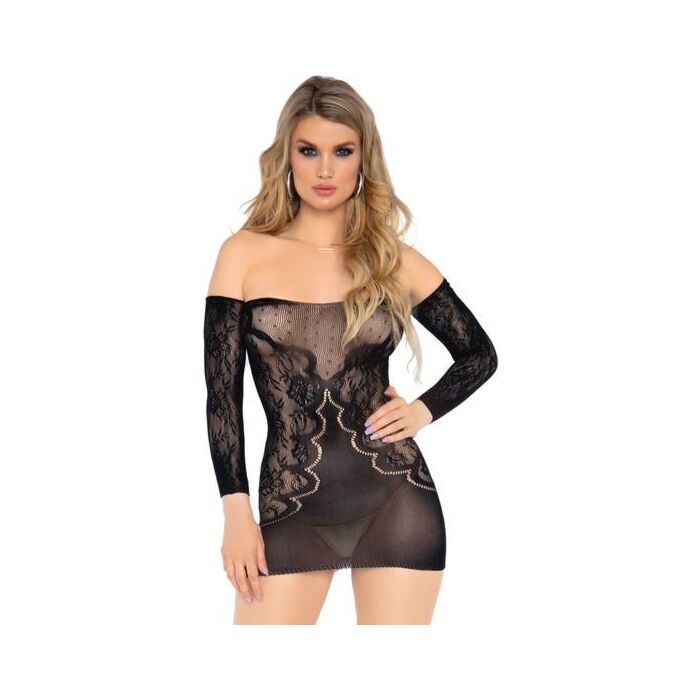 Long sleeve lace mini dress - black