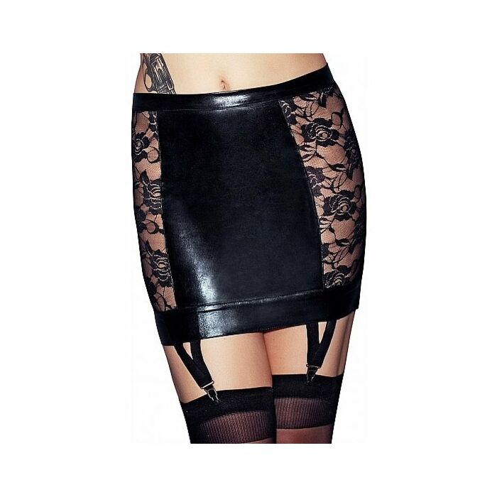 Lorena wetlook and lace garter skirt - black