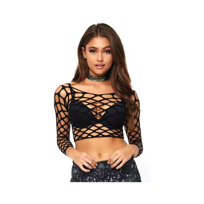 Long sleeve fishnet top - black