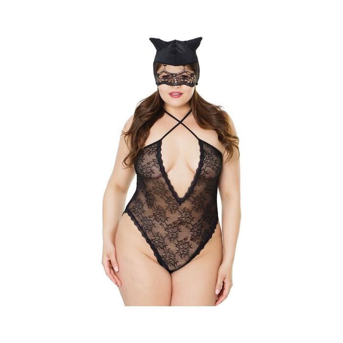 Lace bodysuit with crossed straps - black