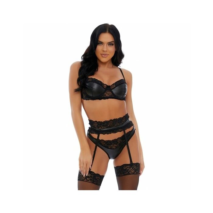 More than lace faux leather lingerie set - black