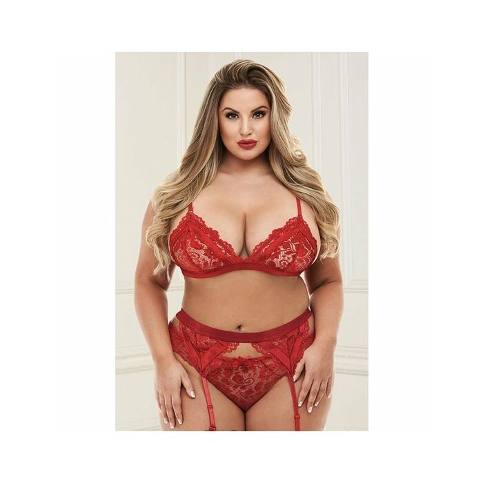 3pc lace garter set red