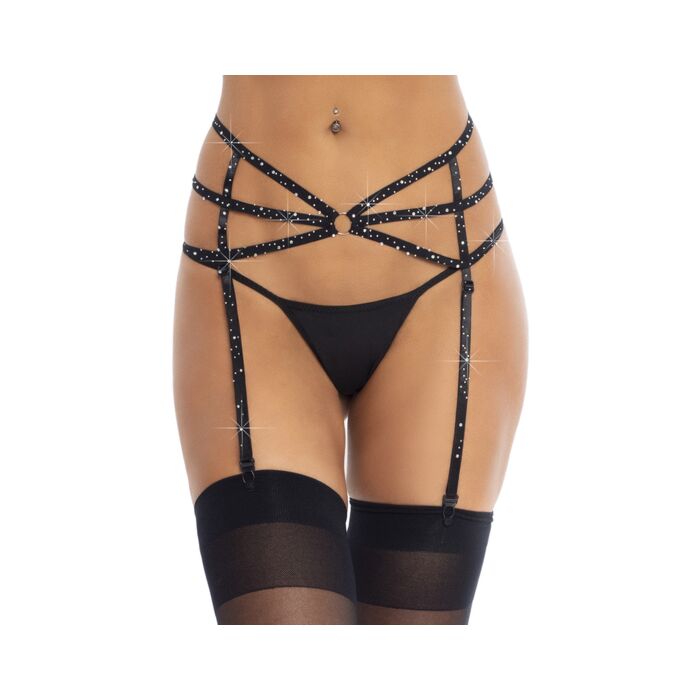 Strappy garter belt with rhinestone appliqués - black