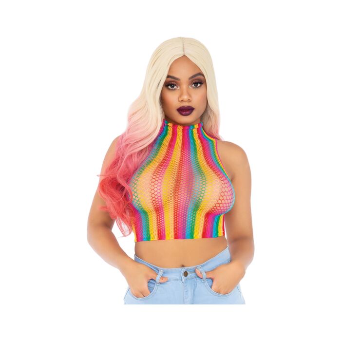 High neck fishnet crop top with print - rainbow