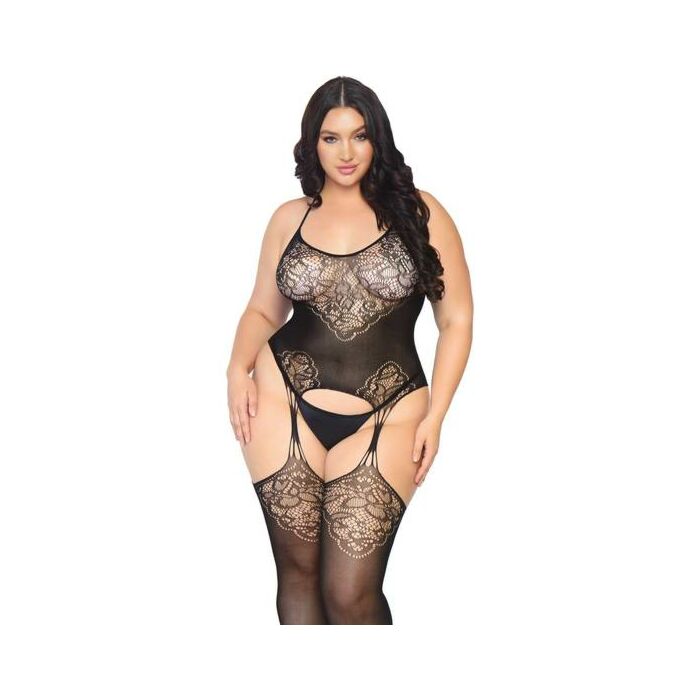 Seamless lace bodystocking with garter belt - black