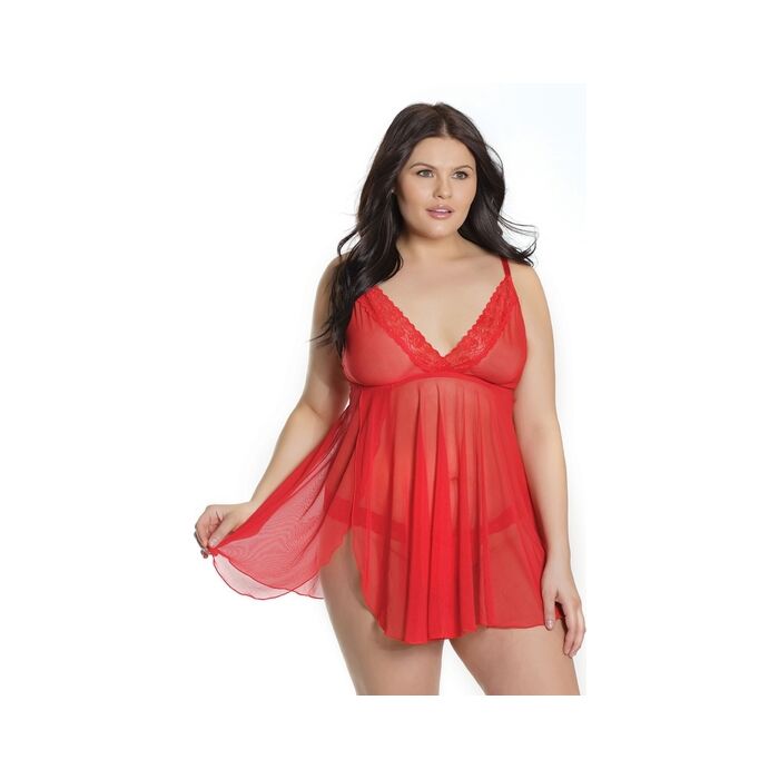 Babydoll with scalloped thong - red