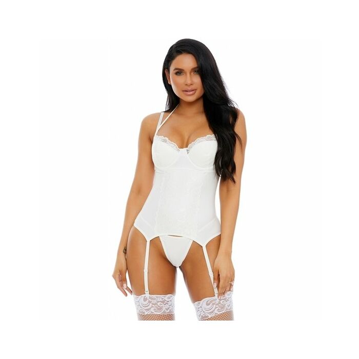 Laced in matte bustier faux leather lingerie set - white