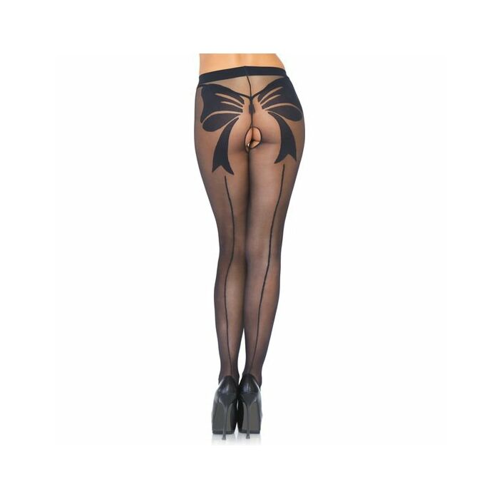 Woven bow crotchless pantyhose - black