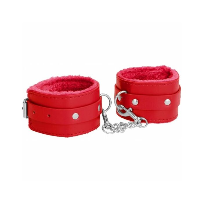 Ouch plush leather hand cuffs red