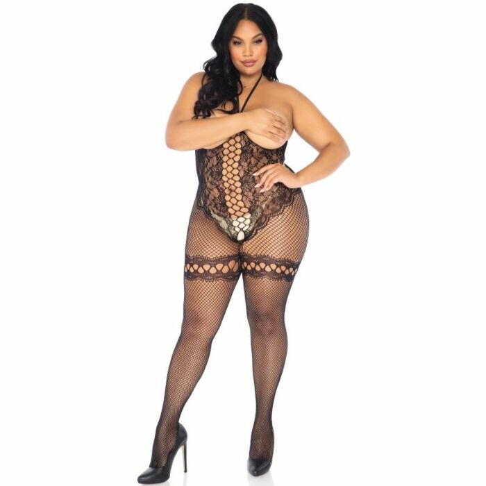 Leg avenue net and lace cupless bodystocking plus size