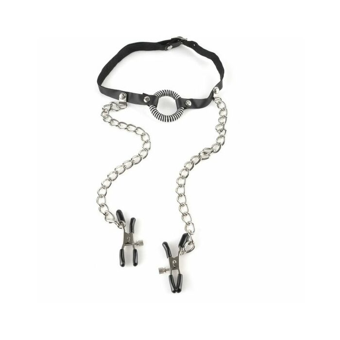 Fetish fantasy o-ring gag with nipple clamps