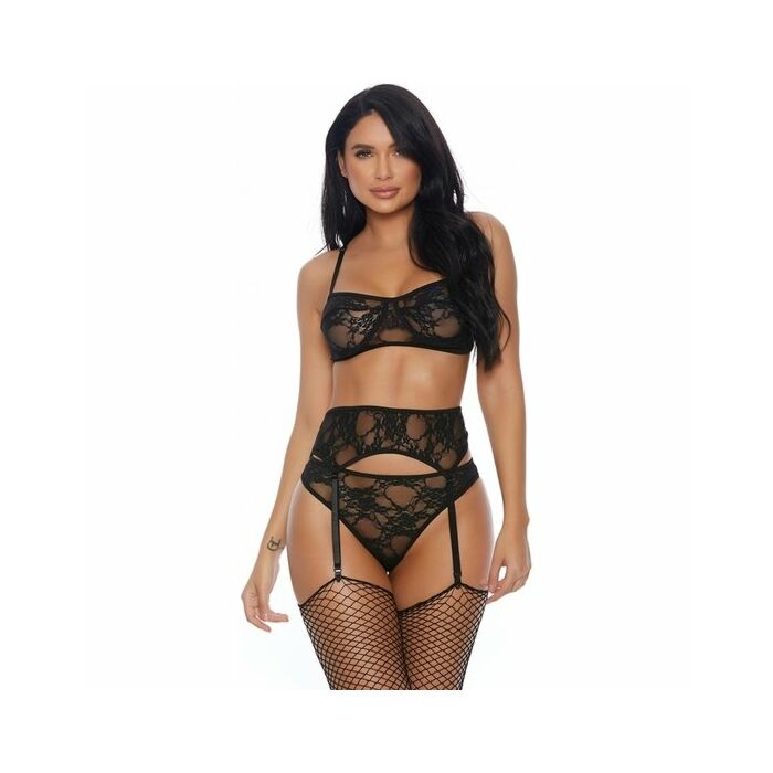 Lace me down bra garter belt and panty  black