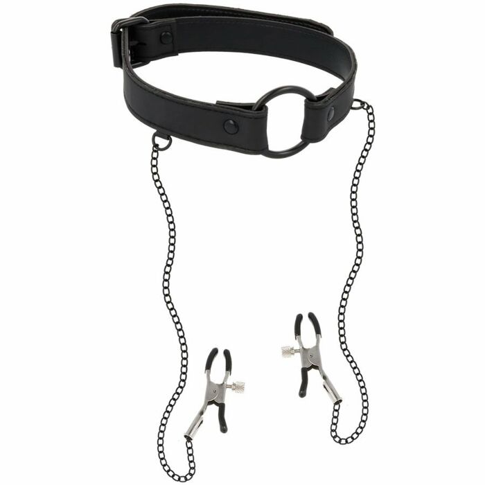 Fetish submissive ring gag with nipple clamps