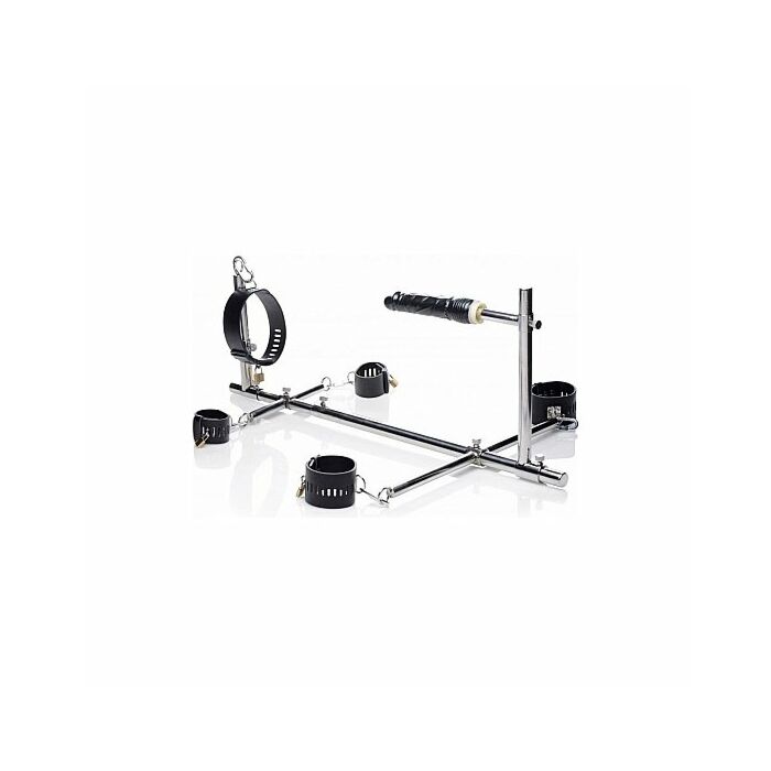 Imprisoned metal stockade with dildo - black