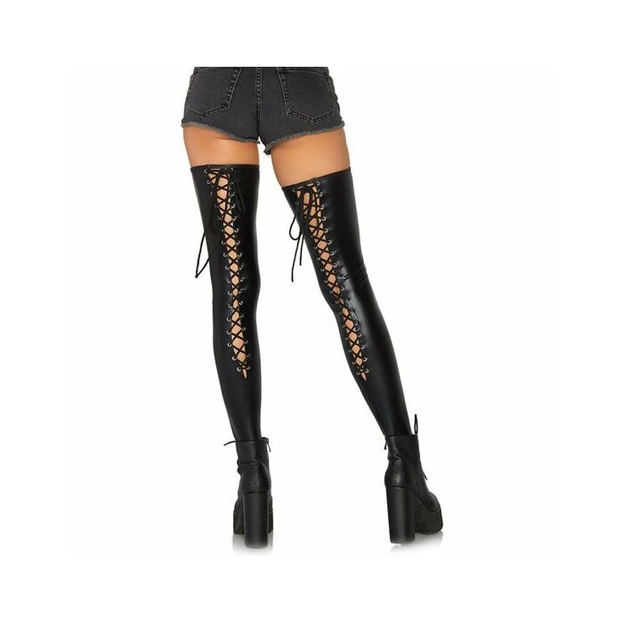 Wetlook lace up thigh highs - black