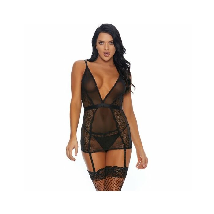 A sheer thing chemise with garter straps and panty black