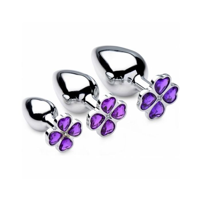 Violet flower gem anal plug set - 3 pieces - silver