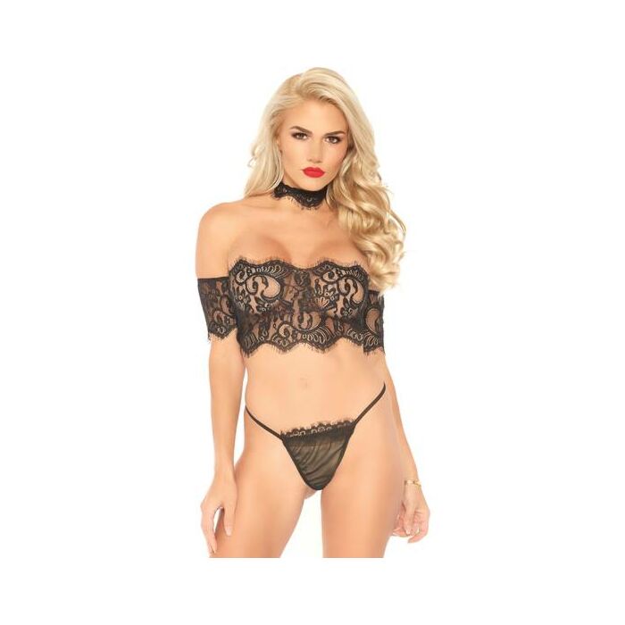 Lace top with choker and thong black