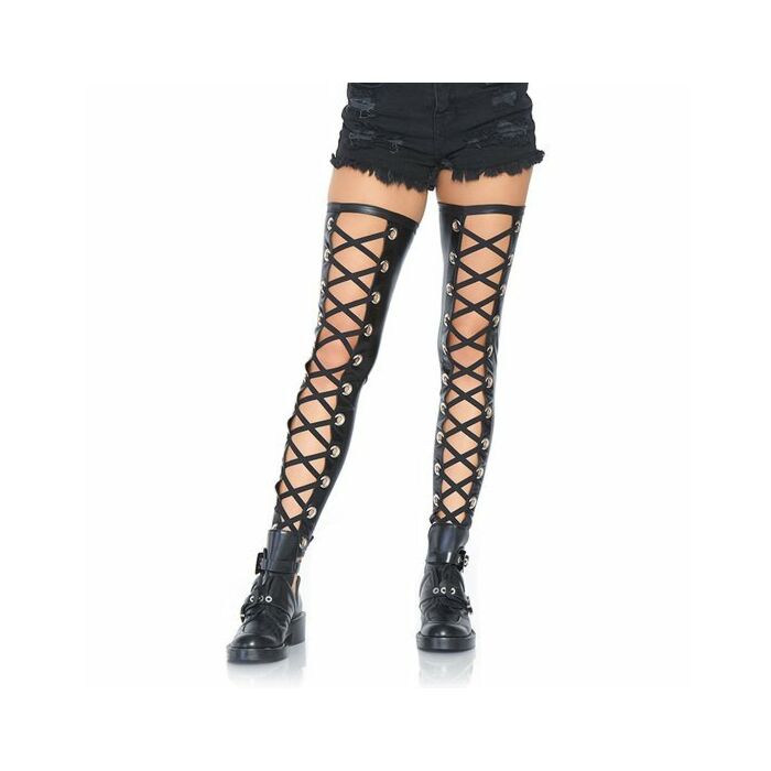 Wetlook footless lace up thigh - black
