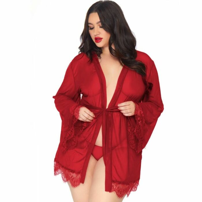 Leg avenue robe belt and thong burgundy 1x-2x