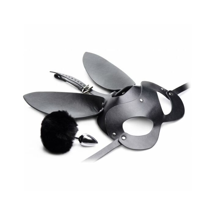Bunny tail anal plug and mask set - black