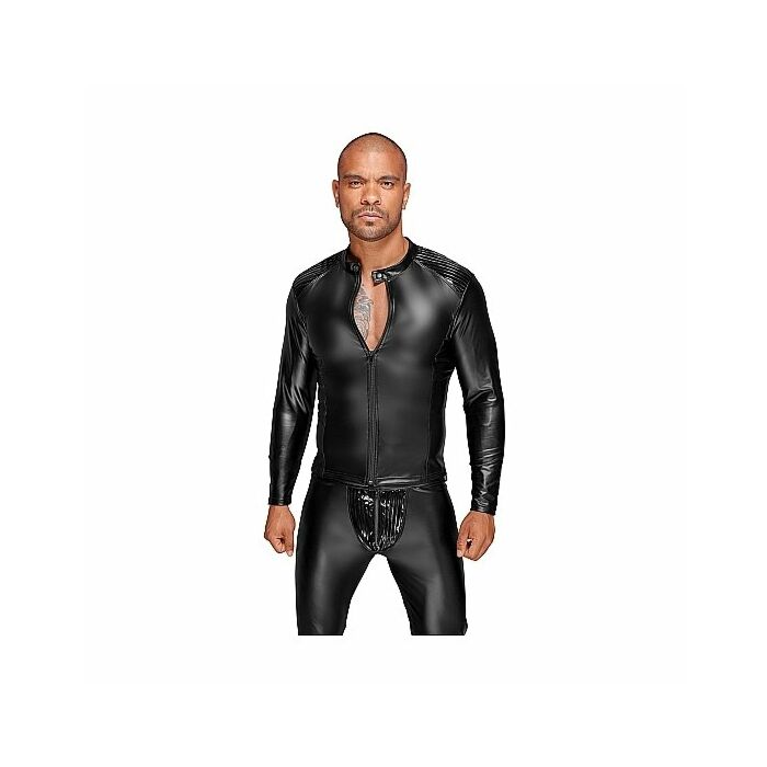 Wetlook jacket with pvc pleats - black